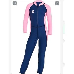 IDOPIP Rash Guard Swimsuit Girls 5-6 Navy Pink NWT UPF 50+ Long Sleeve Sunsuit
